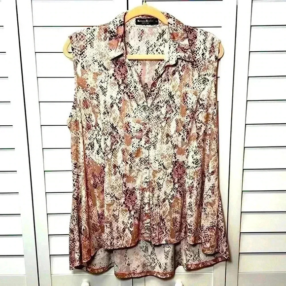 Knapp Studio Snakeskin Sleeveless Button Down Hi-Low Flounce Hem Top Size XL - Picture 1 of 7